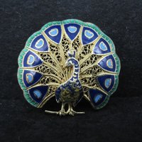 Vintage Gold Gilt Silver Enamel Peacock Brooch NOS