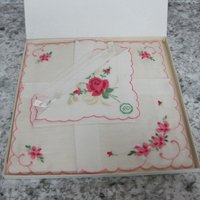 Vintage Embroidered Rose Hankies Set of 2 Cotton Desco Original Box Gift Set
