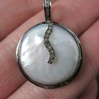 Round Sterling Baroque Mabe Pearl and Diamond Pendant