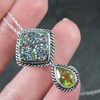 Estate Sterling Peridot Druzy Pendant Necklace