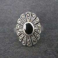 Vintage Sterling Onyx Marcasite Ring Size 7