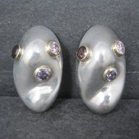 Large Chunky Sterling Gemstone Clip On Earrings Mexican Silver