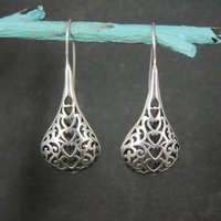 Large Sterling Filigree Heart Drop Earrings