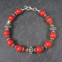 Red Glass and Crystal Bead Bracelet 7.5 Inches