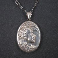 Vintage Sterling Art Nouveau Lady Pendant Filigree Necklace