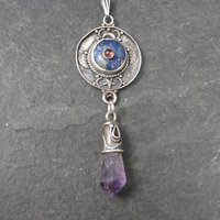 Long Vintage Garnet Lapis Amethyst Point Celestial Pendant