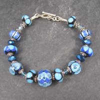 Handmade Blue Lampwork Art Glass Bead Bracelet 8 Inches