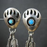 Sterling Turquoise Bear Paw Earrings Vintage Southwestern Native American Signed