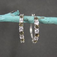 Smoky Quartz and White Topaz Latchback Hoop Earrings Sterling Silver 1"