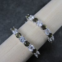 Smoky Quartz and White Topaz Latchback Hoop Earrings Sterling Silver 1"