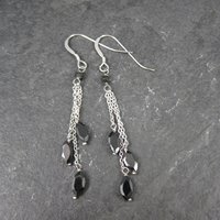 Long, Dainty Black Tourmaline Earrings Sterling Silver Estate Jewelry