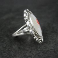 Vintage Mother of Pearl Coral Inlay Flower Ring Southwestern Sterling Silver Size 5