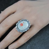 Vintage Mother of Pearl Coral Inlay Flower Ring Southwestern Sterling Silver Size 5