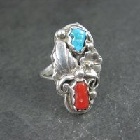 Southwestern Sterling Turquoise and Coral Ring Size 7 Navajo Cecil Sanders