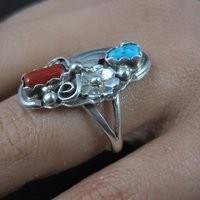 Southwestern Sterling Turquoise and Coral Ring Size 7 Navajo Cecil Sanders