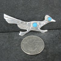 Vintage Sterling Native American Turquoise Roadrunner Brooch