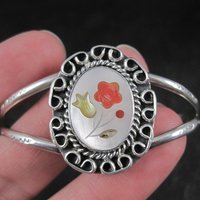 Southwestern Sterling Silver Inlaid Flower Cuff Bracelet 5.5 Inches