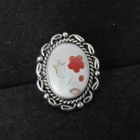Vintage Mother of Pearl Coral Inlay Flower Ring Southwestern Sterling Silver Size 5