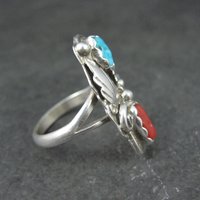 Southwestern Sterling Turquoise and Coral Ring Size 7 Navajo Cecil Sanders