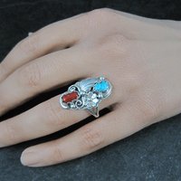 Southwestern Sterling Turquoise and Coral Ring Size 7 Navajo Cecil Sanders