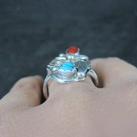 Southwestern Sterling Turquoise and Coral Ring Size 7 Navajo Cecil Sanders