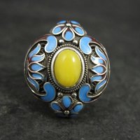 Vintage Yellow Jade Enamel Ring 900 Silver Adjustable