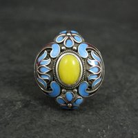 Vintage Yellow Jade Enamel Ring 900 Silver Adjustable