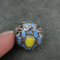 Vintage Yellow Jade Enamel Ring 900 Silver Adjustable