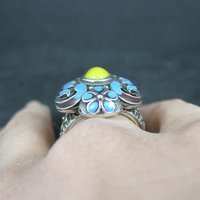Vintage Yellow Jade Enamel Ring 900 Silver Adjustable