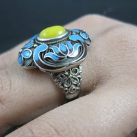 Vintage Yellow Jade Enamel Ring 900 Silver Adjustable