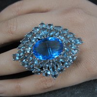 Huge Sterling Silver Blue Cz Cocktail Ring Size 6