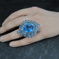 Huge Sterling Silver Blue Cz Cocktail Ring Size 6