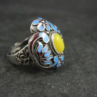 Vintage Yellow Jade Enamel Ring 900 Silver Adjustable