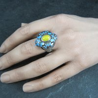 Vintage Yellow Jade Enamel Ring 900 Silver Adjustable