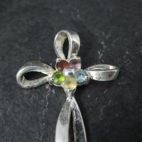 Simple Sterling Gemstone Cross Pendant Estate Silver