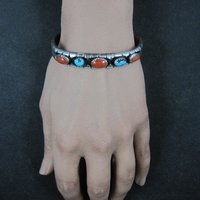 Vintage Navajo Turquoise and Coral Cuff Bracelet Sterling Silver 6.25" Eunice Claw