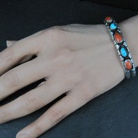 Vintage Navajo Turquoise and Coral Cuff Bracelet Sterling Silver 6.25" Eunice Claw