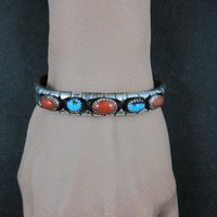 Vintage Navajo Turquoise and Coral Cuff Bracelet Sterling Silver 6.25" Eunice Claw
