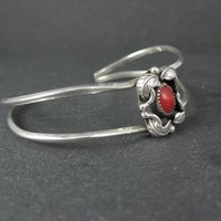 Dainty Southwestern Sterling Silver Coral Sweater Cuff Bracelet 6 Inches