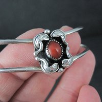 Dainty Southwestern Sterling Silver Coral Sweater Cuff Bracelet 6 Inches