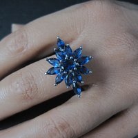 Estate Sterling Silver Sapphire Blue Cz Ring Size 7.5 Unique Cocktail