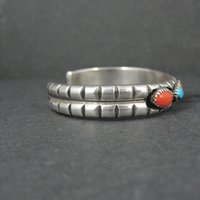 Vintage Navajo Turquoise and Coral Cuff Bracelet Sterling Silver 6.25" Eunice Claw