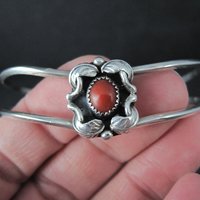 Dainty Southwestern Sterling Silver Coral Sweater Cuff Bracelet 6 Inches
