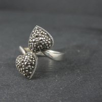 Vintage Sterling Silver Marcasite 2 Heart Ring Size 7