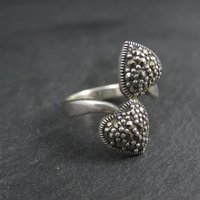 Vintage Sterling Silver Marcasite 2 Heart Ring Size 7