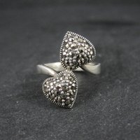Vintage Sterling Silver Marcasite 2 Heart Ring Size 7