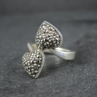 Vintage Sterling Silver Marcasite 2 Heart Ring Size 7