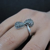 Vintage Sterling Silver Marcasite 2 Heart Ring Size 7