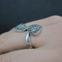 Vintage Sterling Silver Marcasite 2 Heart Ring Size 7