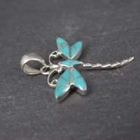 Southwestern Inlaid Turquoise Dragonfly Pendant Sterling Silver Estate Jewelry NOS